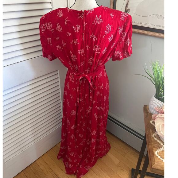 Vintage 90s RK ORIGINALS Womens Dress Red Maxi Whimsical All Over Print Retro 12 - Picture 6 of 13